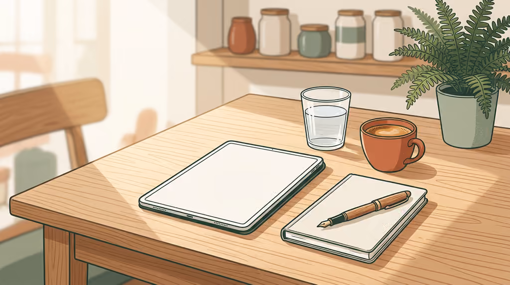 Ein kleiner unbeschrifteter Klickspender auf einem hellen Holztisch neben einem Wasserglas, einer Tasse Kaffee und einem Notizbuch im skandinavischen Stil.