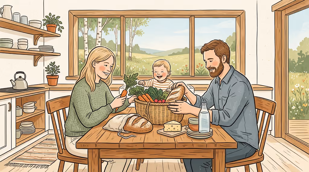 Eine Familie packt am hellen Holztisch ihren Einkaufskorb mit frischem Sauerteigbrot, Gemüse und gereiftem Käse aus.