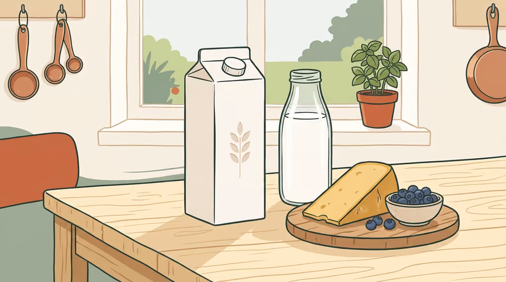 Skandinavischer Holzschnitt einer sonnigen Familienküche mit Haferdrink, Milchflasche und gereiftem Käselaib auf Holztisch.