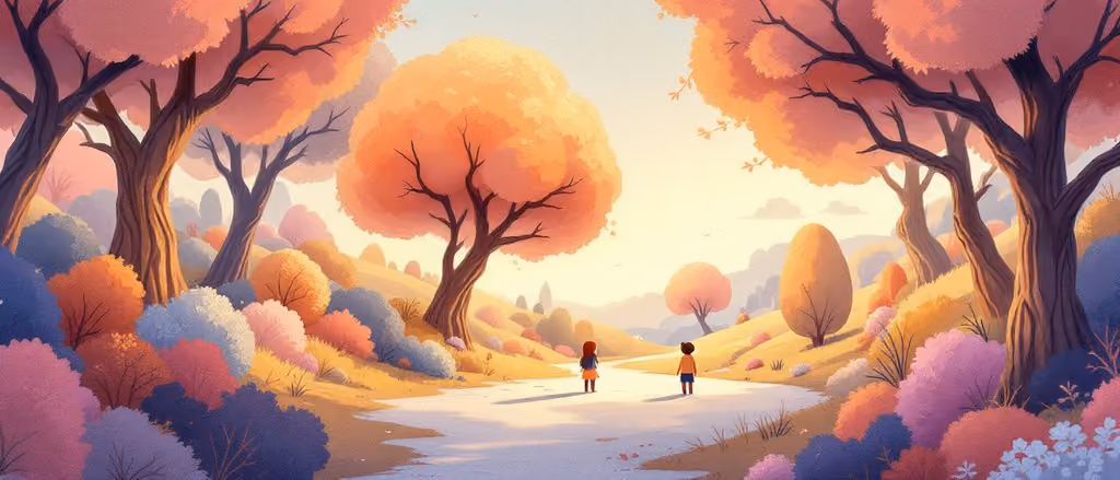Pastellfarbene Hügellandschaft im Morgenlicht, eine kleine Familie mit Picknickkorb wandert auf einem Weg zwischen runden Bäumen.