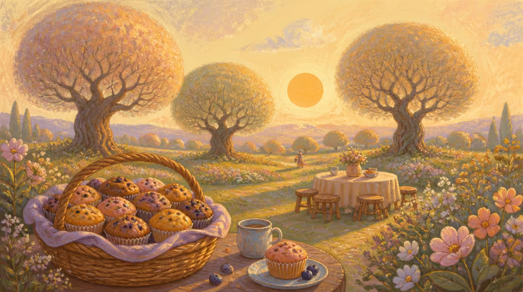 Ein Korb mit bunten Muffins steht bei einem fröhlichen Gartenfest im hellen Morgenlicht.