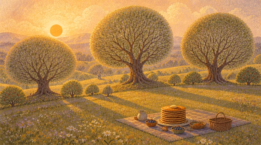 Ein Stapel goldener Pfannkuchen liegt auf einer Wiese im frischen Morgenlicht, eine Familie picknickt daneben.